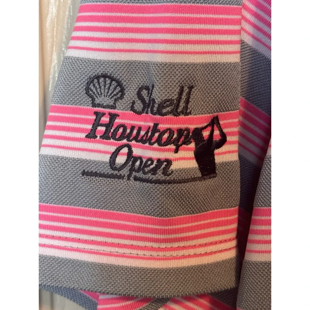 Nike Dri Fit Shirt Golf Polo Men‎ Medium Pink Gray White Stripe Tour Performance